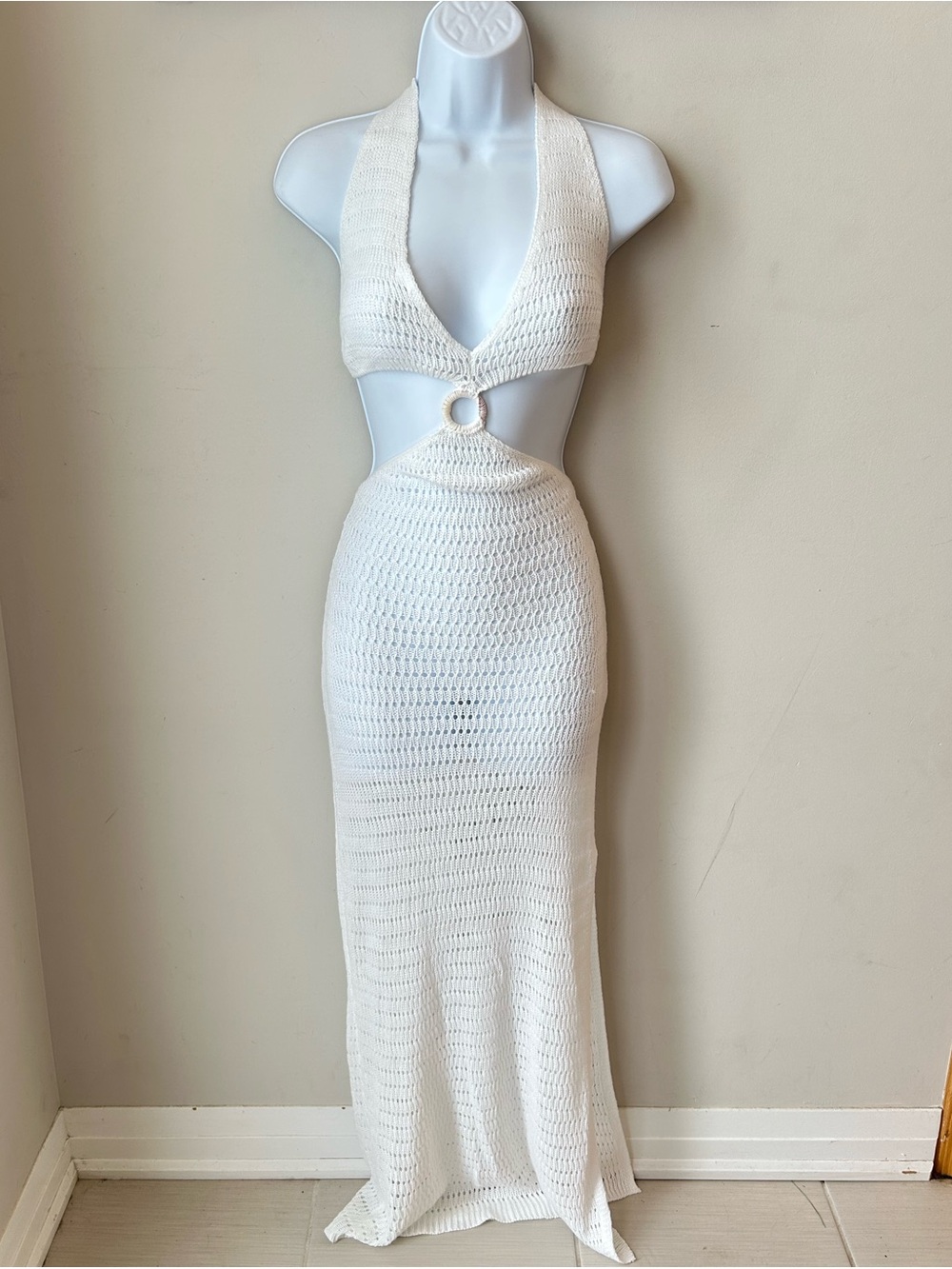 White Crochet Halter Cutout Maxi Dress | Resort Boho Beach Cover-Up